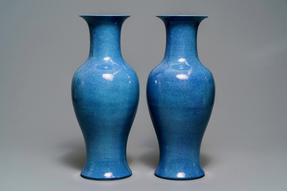 A pair of Chinese monochrome robin's egg vases, Kangxi mark, 19th C.